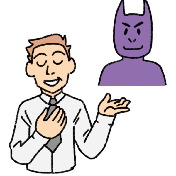 a man wearing a shirt and tie smiling, talking, and gesturing to a cartoony purple demon and himself.